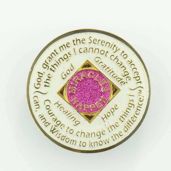 #N08. NA GLOW in DARK Coin w Pink Glitter (1-45) - Premium Medallions from Choices - Just $13.95! Shop now at Choices Books & Gifts