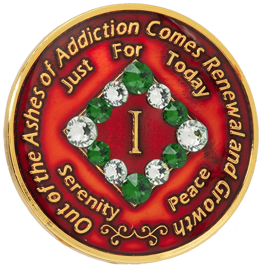 NA Christmas Medallion, Red, Gold Plated, w Green & Clear Crystals, Years 1-45 (#N31 XMAS)