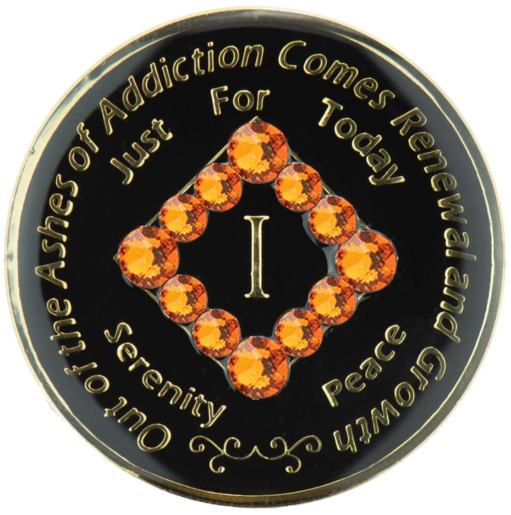 NA Coin, Black w Orange Crystals, Gold Plated - Recovery Medallion from Choices Books & Gifts