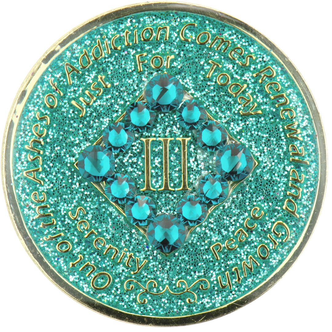 NA Glitter Turq with Turq Crystals Coin - Recovery Medallion from Choices Books & Gifts