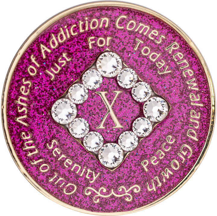 NA Coin, #N12.  Glitter Pink NA Chip w White Crystals (Yrs 1-45)
