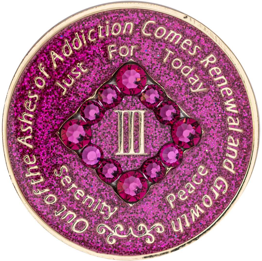 NA Coin, #N14.  Glitter Pink NA Chip w Pink Crystals (Yrs 1-45)