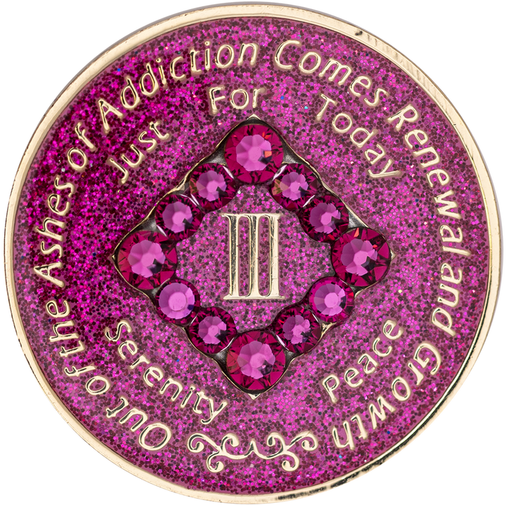 NA Coin, #N14.  Glitter Pink NA Chip w Pink Crystals (Yrs 1-45)