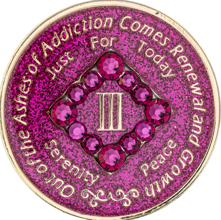 NA Coin, #N14.  Glitter Pink NA Chip w Pink Crystals (Yrs 1-45)