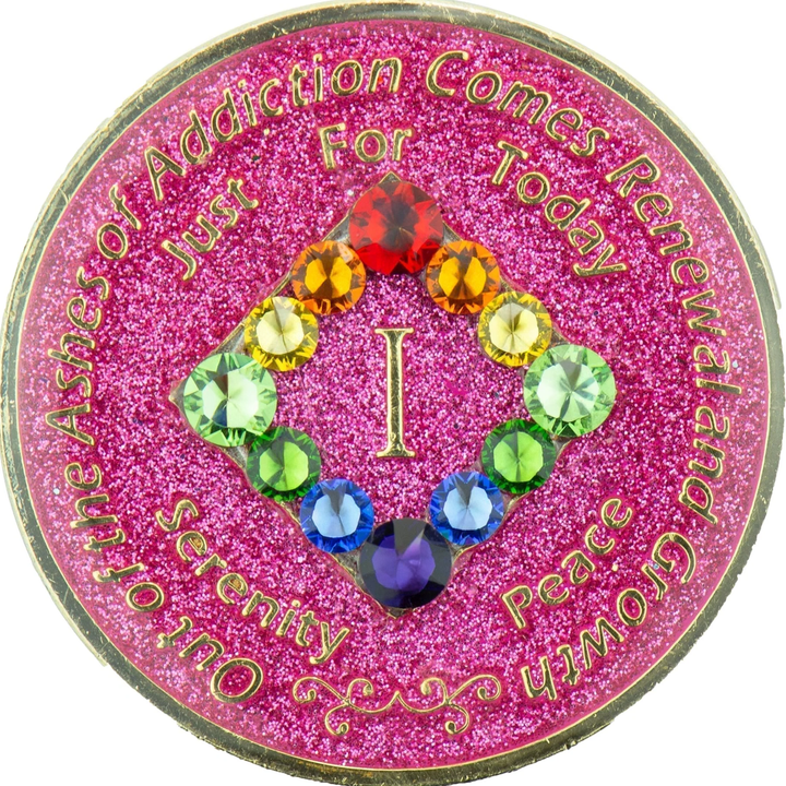 NA Coin, #N15.  Glitter Pink NA Chip w Rainbow Bling (Yrs 1-45)