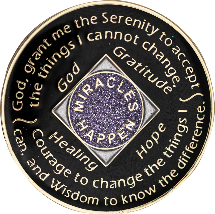 NA Coin, #N24.  Glitter Lavender NA Chip w Purple Crystals (Yrs 1-45)