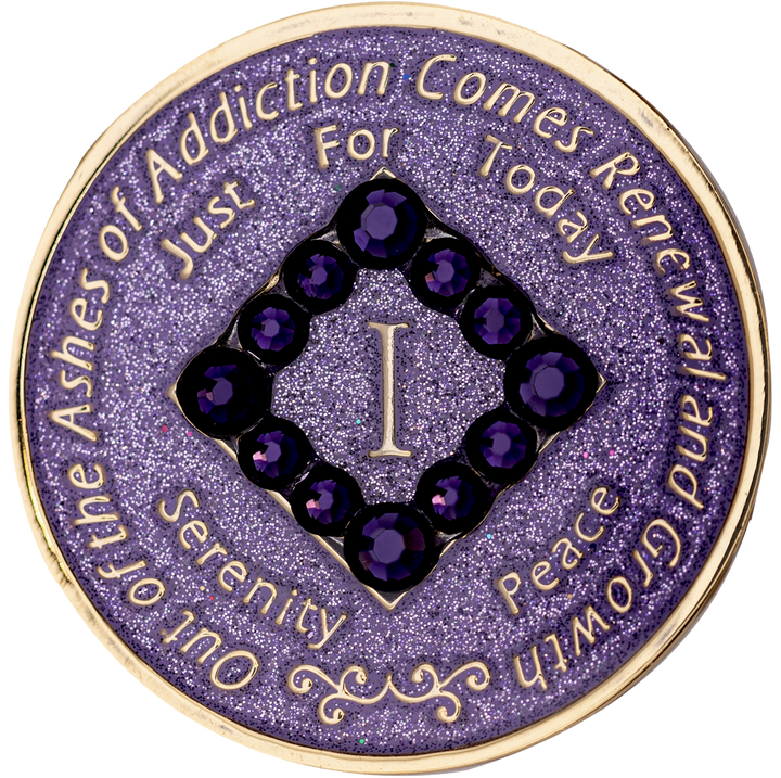NA Coin, #N24.  Glitter Lavender NA Chip w Purple Crystals (Yrs 1-45)