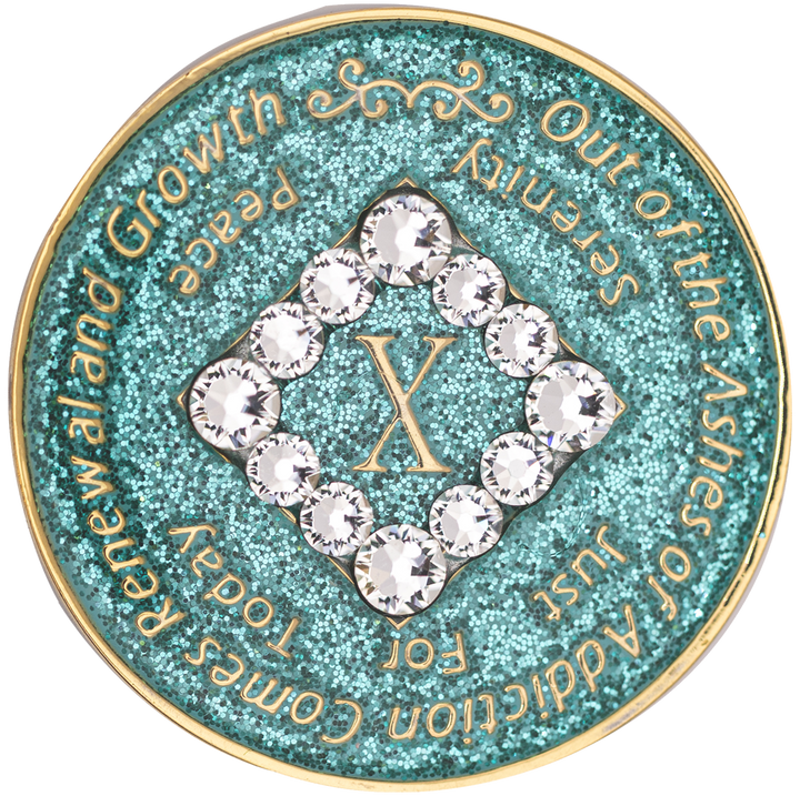 NA Coin, #N27.  Glitter Turquoise NA Chip w White Crystals (Yrs 1-45)