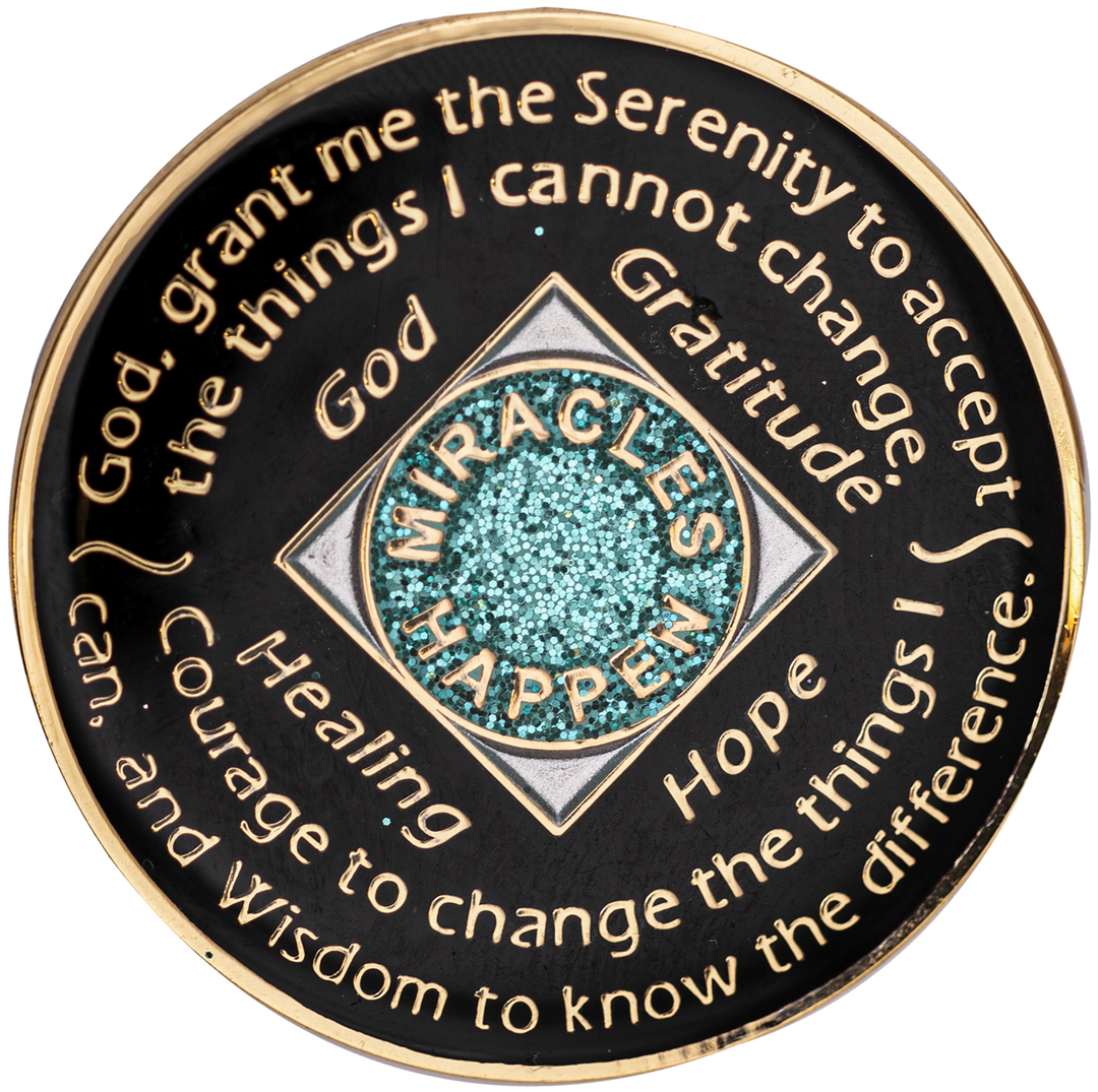 NA Coin, #N27.  Glitter Turquoise NA Chip w White Crystals (Yrs 1-45)