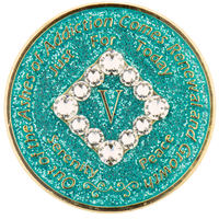 NA Coin, #N27.  Glitter Turquoise NA Chip w White Crystals (Yrs 1-45)