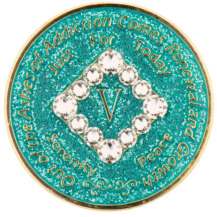 NA Coin, #N27.  Glitter Turquoise NA Chip w White Crystals (Yrs 1-45)