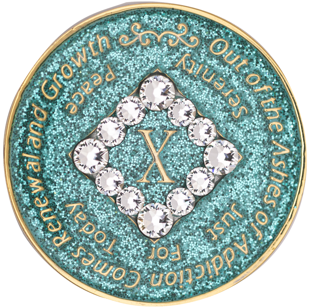 NA Coin, #N27.  Glitter Turquoise w White Crystals (Yrs 1-45)
