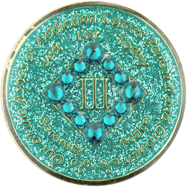 NA Coin, #N30.  Glitter Turquoise NA Chip w Turq Crystals (Yrs 1-45)