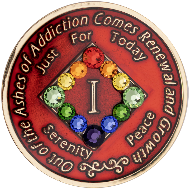 NA Coin, #N35. Red NA Medallion w Rainbow Bling (Yrs 1-45)