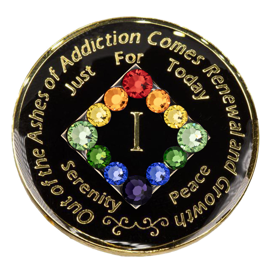 NA Coin, #N40.  Black NA Medallion w/ Rainbow Bling (Yrs 1-45)