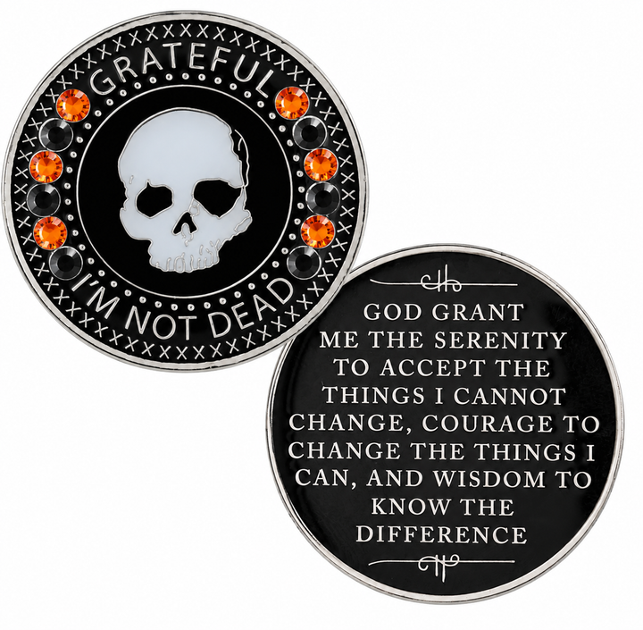 Grateful I'm Not Dead Coin, Orange & Black Crystals - Recovery Medallion from Choices Books & Gifts