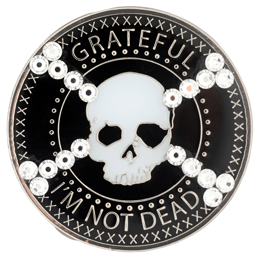 #Z03. Grateful I'm Not Dead Bling Medallion w "Skull & Cross Bone" Crystals - Premium Medallions from Choices - Just $21.95! Shop now at Choices Books & Gifts