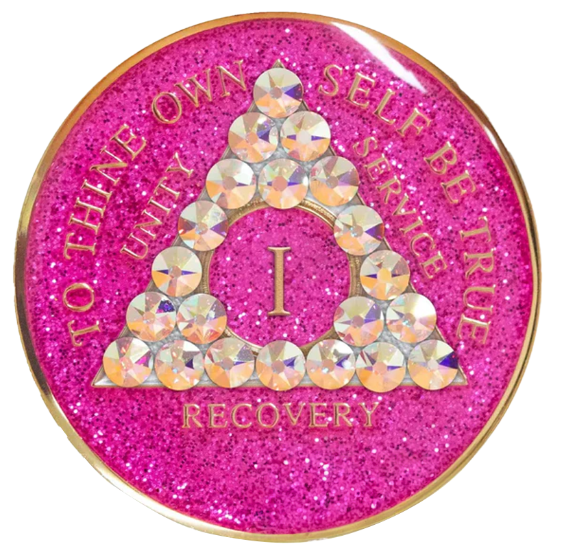 #a14. AA Glitter Pink Coin w Aurora Borealis White Crystals (1-65)
