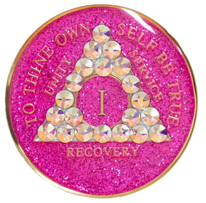 #a14. AA Glitter Pink Coin w Aurora Borealis White Crystals (1-65)