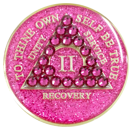 #a16. AA Glitter Pink Coin w Pink Crystals (1-65) - Premium Medallions from Choices - Just $21.95! Shop now at Choices Books & Gifts