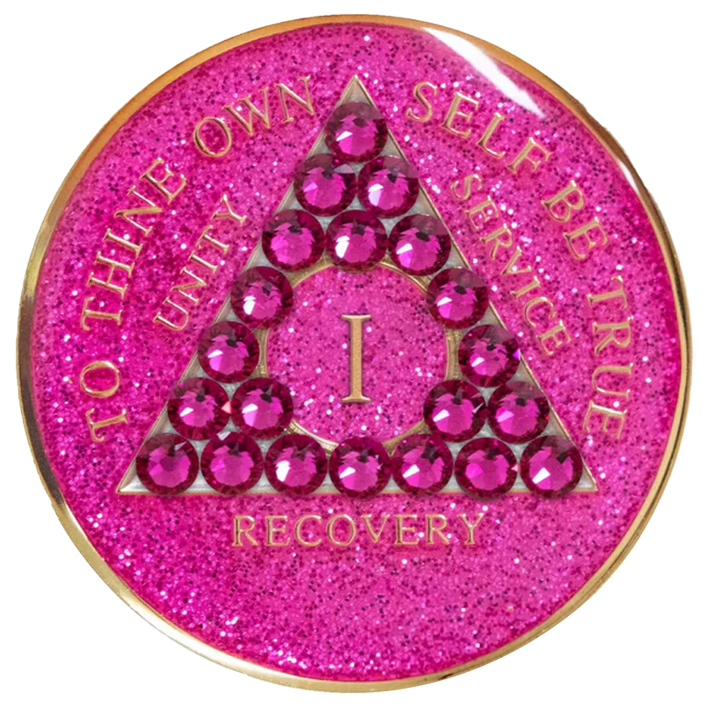 #a16. AA Glitter Pink Coin w Pink Crystals (1-65)