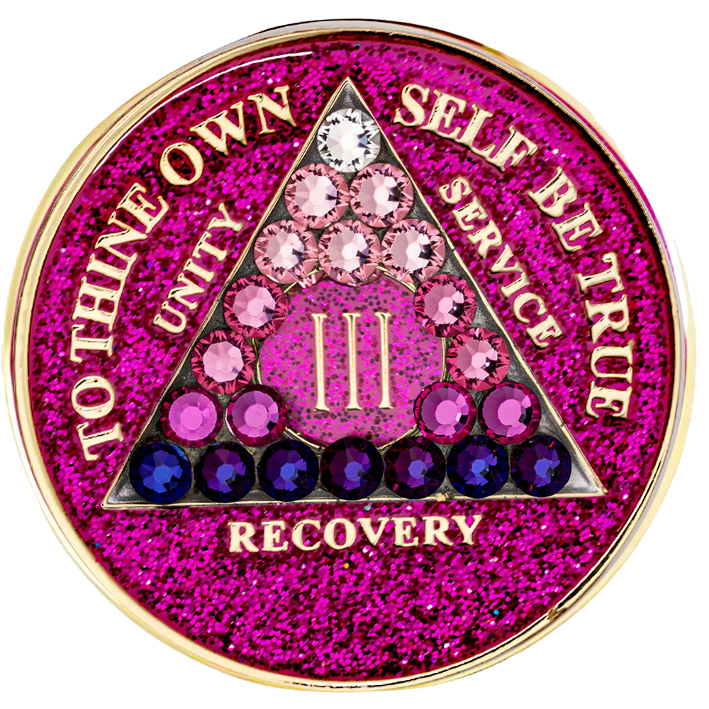 #a19. AA Coin, Glitter Pink w Pink Trans Purple Bottom Crystals (Yrs 1-65)