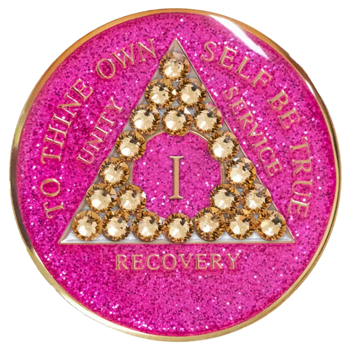 #a20. AA Glitter Pink Coin w Lt Gold Crystals (1-65)