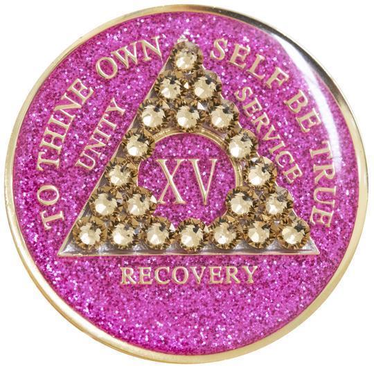 #a20. AA Medallion Glitter Pink w Lt Gold Crystals (1-65) - Premium Medallions from Choices - Just $21.95! Shop now at Choices Books & Gifts