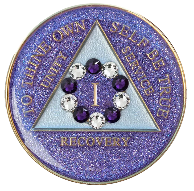 #a38. AA Chip, Glitter Lavender Coin w Wh/Pur Circle (1-65)