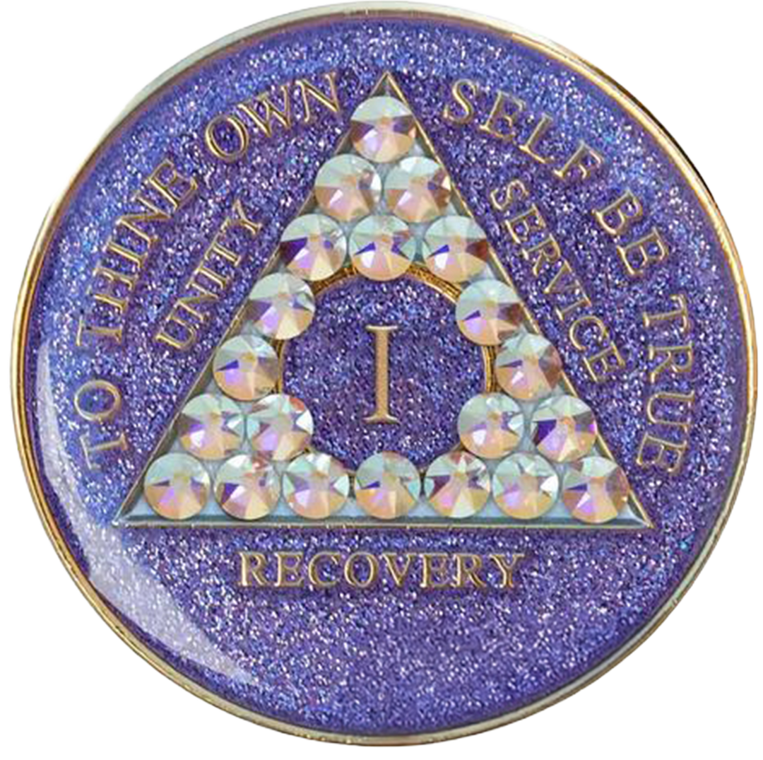 #a38. AA Coin, Glitter Lavender Coin w Aurora Borealis (Yrs 1-50)
