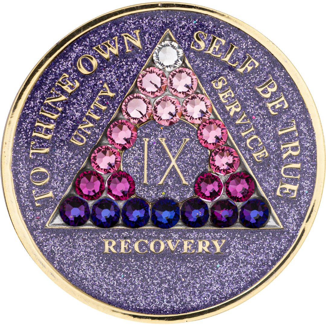 #a40. AA Coin, Glitter Lavender Coin w Pink Transition Crystals (Yrs 1-50)