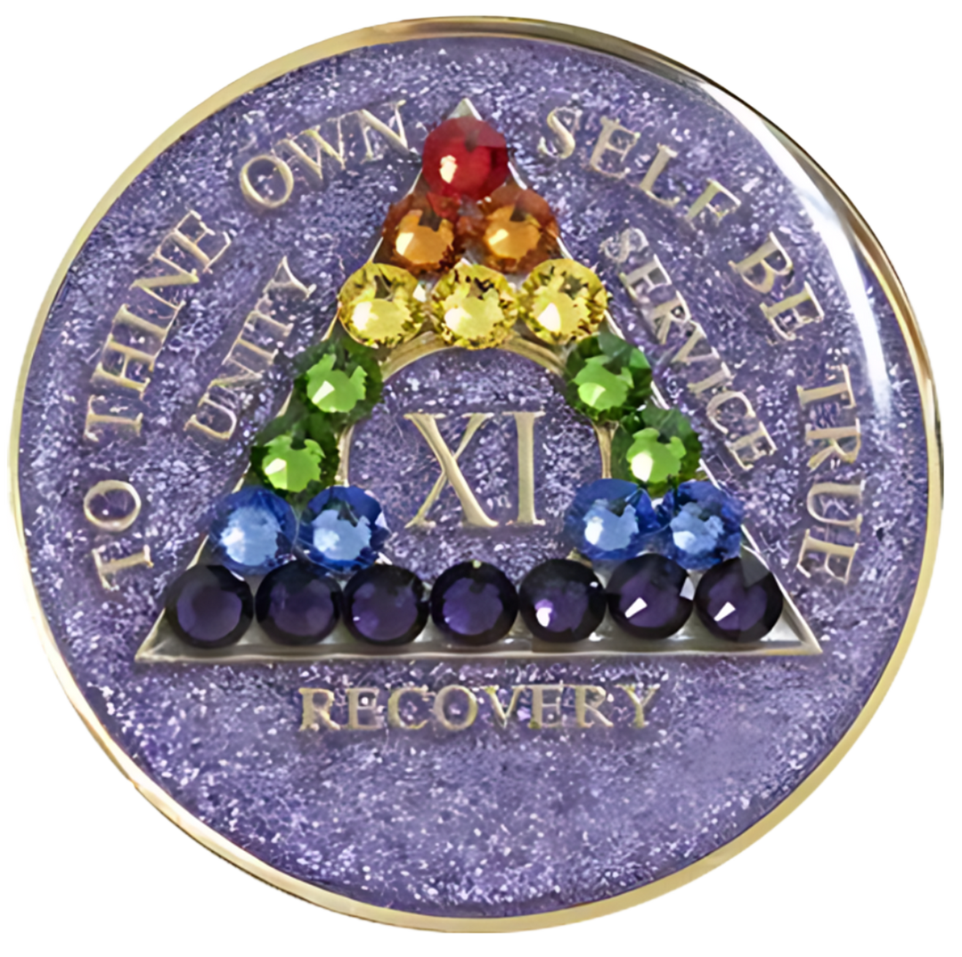 #a41. AA Coin, Glitter Lavender Coin w Rainbow Crystals (Yrs 1-50)