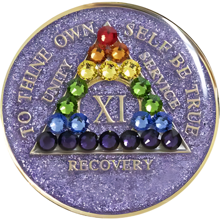 #a41. AA Coin, Glitter Lavender Coin w Rainbow Crystals (Yrs 1-50)