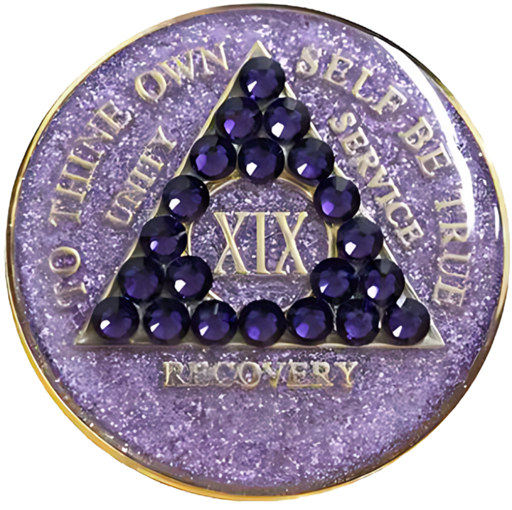 #a42. AA Coin, Glitter Lavender Coin w Purple Crystals (Yrs 1-50)