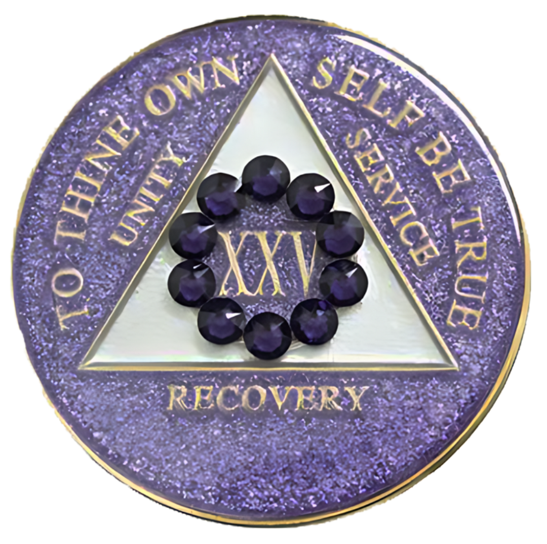 #a43. AA Coin, Glitter Lavender Coin w Purple Circle (Yrs 1-50)