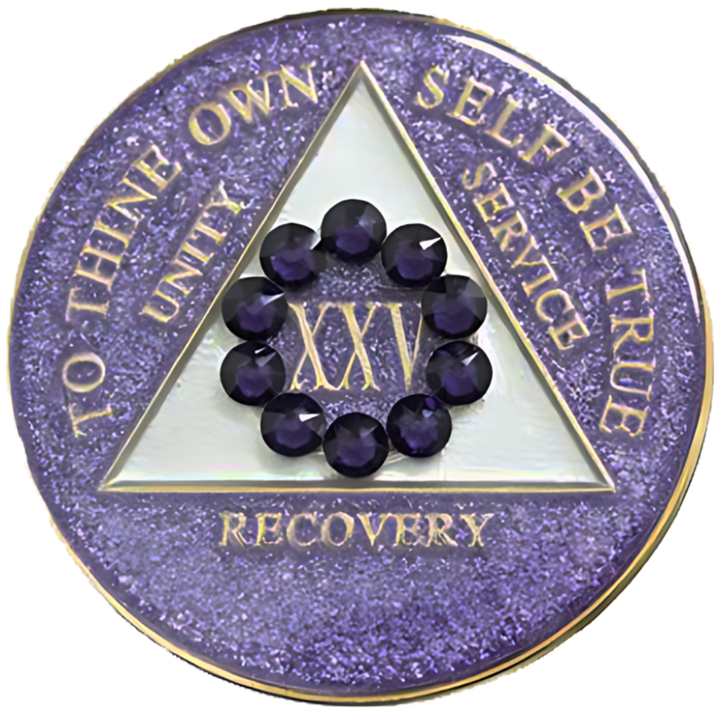 #a43. AA Coin, Glitter Lavender Coin w Purple Circle (Yrs 1-50)