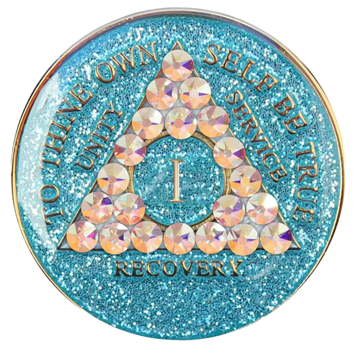 #a53. AA Glitter Turquoise Coin w Aurora Borealis Crystals (1-50)