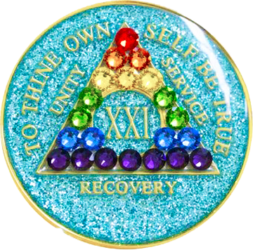 #a55. AA Glitter Turquoise Coin w LGBT Crystals (1-50) - Premium Medallions from Choices - Just $21.95! Shop now at Choices Books & Gifts