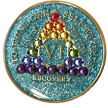 #a55. AA Glitter Turquoise Coin w LGBT Crystals (1-50) - Premium Medallions from Choices - Just $21.95! Shop now at Choices Books & Gifts