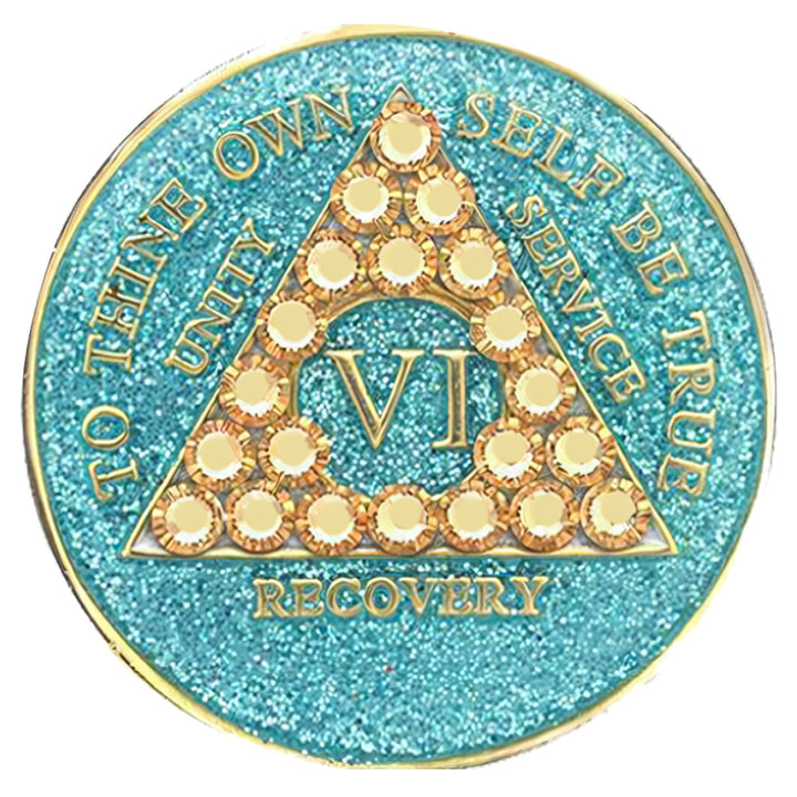 #a59. AA Coin, Glitter Turquoise Coin w Gold Crystals (Yrs 1-50)