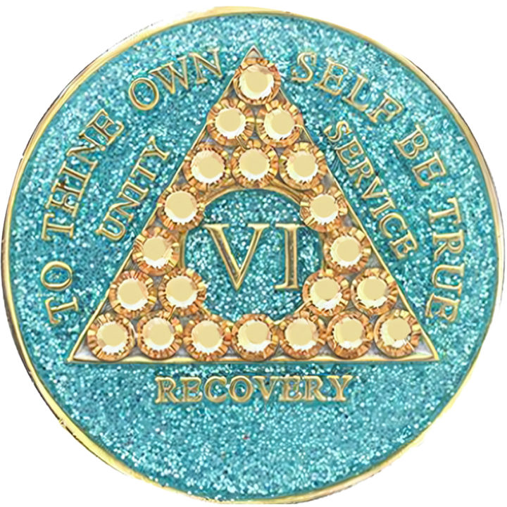 #a59. AA Coin, Glitter Turquoise Coin w Gold Crystals (Yrs 1-50)