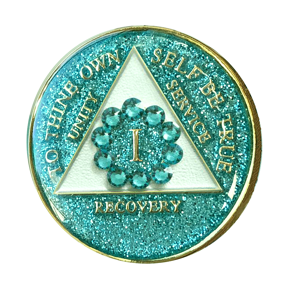 #a59. AA Glitter Turquoise Coin w Turq Circle (1-50) - Premium Medallions from Choices - Just $21.95! Shop now at Choices Books & Gifts