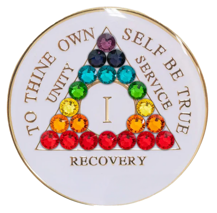 #aa07.  AA Coin, Glow w Reverse Rainbow  Crystals (Yrs 1-65)