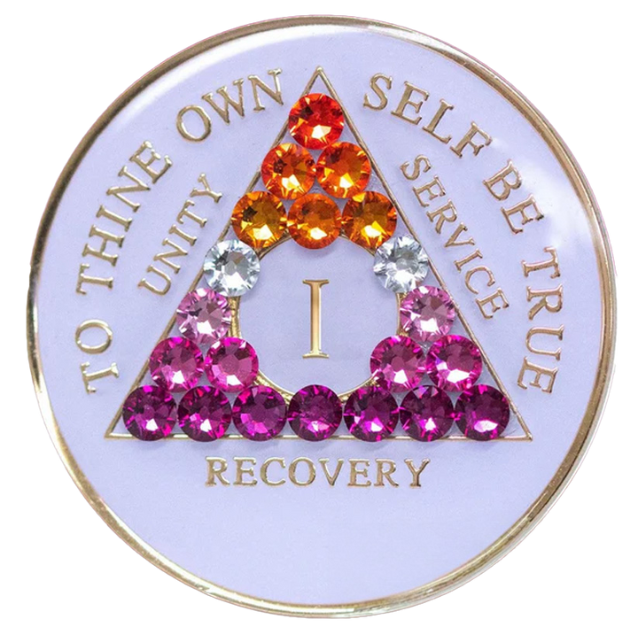 #aa09b. AA Coin, Glow with Orange/Pink Transition Crystals (Yrs 1-65)