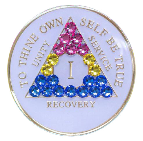 #aa09d. AA Coin, Glow w Lt Pink/ Yellow /Blue Crystals (Yrs 1-65)
