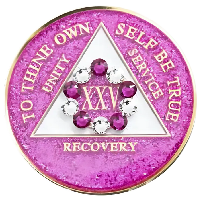 #aa22. AA Coin, Glitter Pink Coin  w Wh/Pk Crystals (Yrs 1-65)
