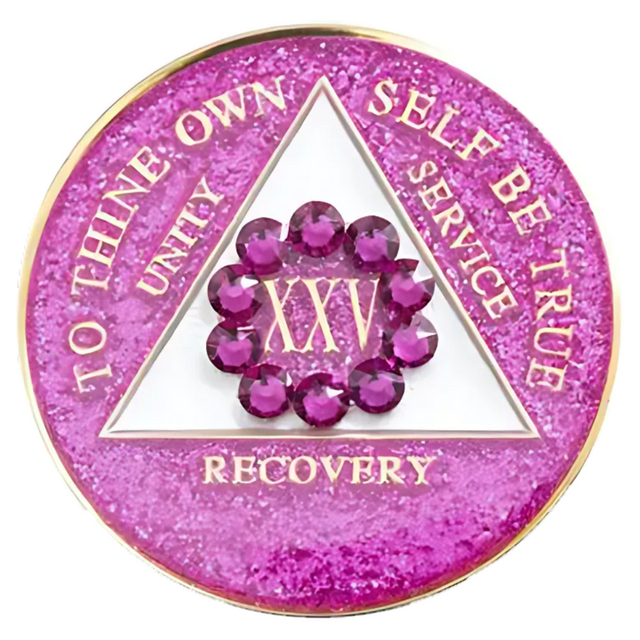 #aa23.  AA Coin, Glitter Pink Coin w Pink Crystals (Yrs 1-65)