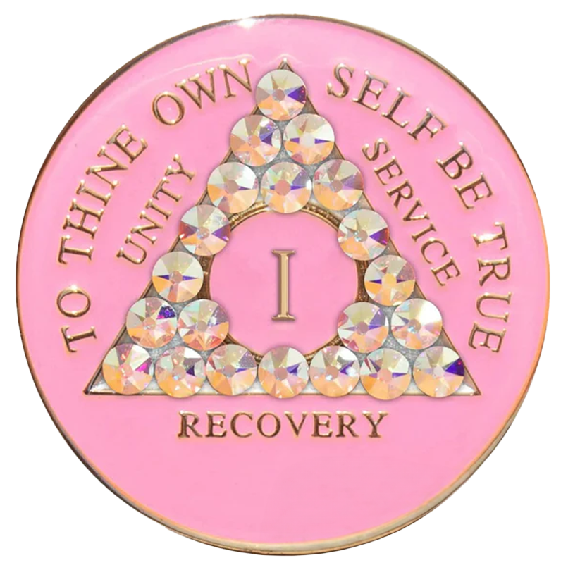 #aa29.  Pink Coin w Aurora Borealis Crystals (Yrs 1-50)