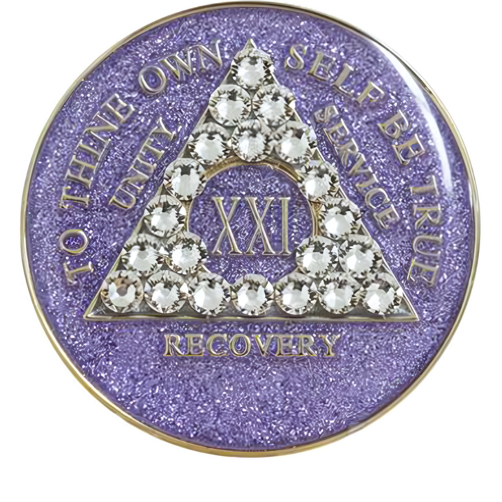 #aa33. AA Coin, Glitter Lavender Coin w White Crystals (Yrs 1-50)