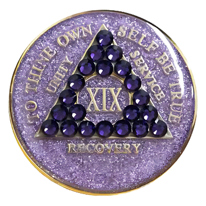#aa34. AA Coin, Glitter Lavender Coin w Purple Crystals (Yrs 1-50)